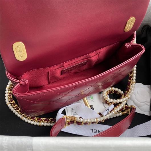 Chanel AS2210 Flap Bag With Crystal Pearls Chain Calfskin Wine Red