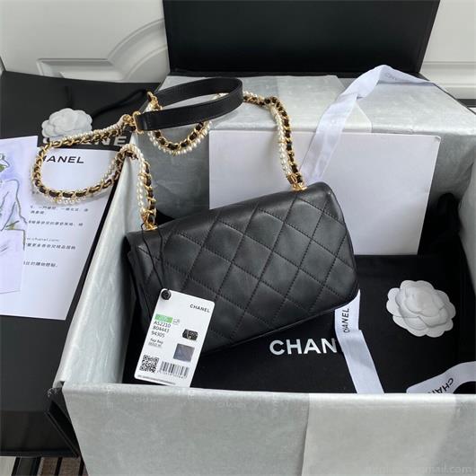 Chanel AS2210 Flap Bag With Crystal Pearls Chain Calfskin Black