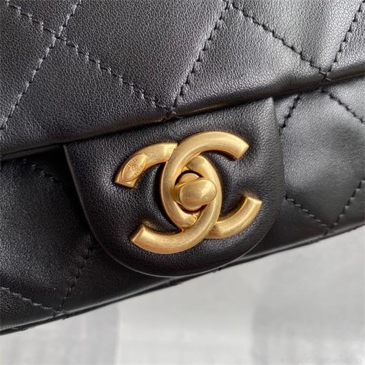 Chanel AS2210 Flap Bag With Crystal Pearls Chain Calfskin Black