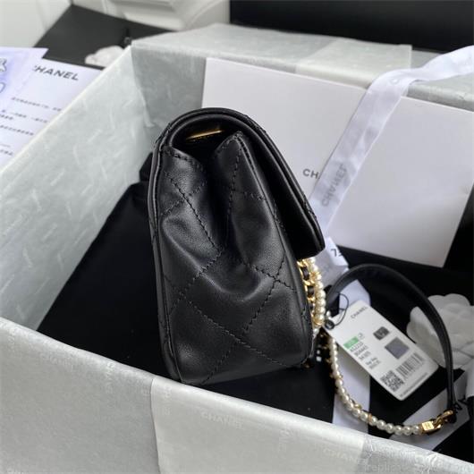 Chanel AS2210 Flap Bag With Crystal Pearls Chain Calfskin Black