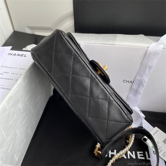 Chanel AS2210 Flap Bag With Crystal Pearls Chain Calfskin Black