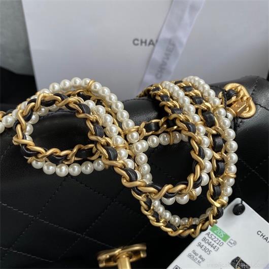 Chanel AS2210 Flap Bag With Crystal Pearls Chain Calfskin Black