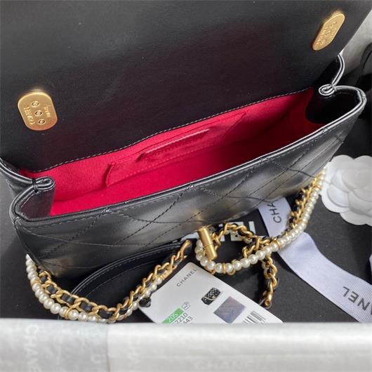 Chanel AS2210 Flap Bag With Crystal Pearls Chain Calfskin Black