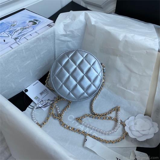 Chanel AS1898 Small Round Bag shiny B03446 Lambskin Silver