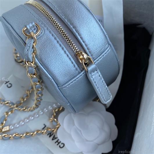 Chanel AS1898 Small Round Bag shiny B03446 Lambskin Silver