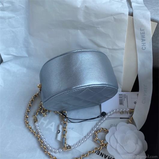 Chanel AS1898 Small Round Bag shiny B03446 Lambskin Silver