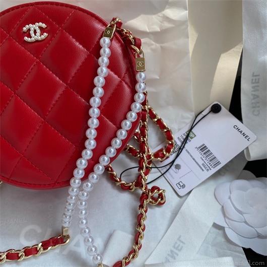 Chanel AS1898 Small Round Bag Shiny B03446 Lambskin Red