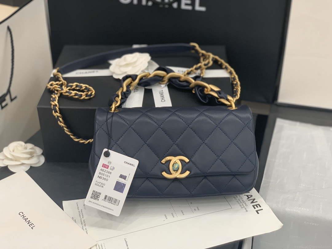 Chanel AS2388 Chanel Flap Bag Shiny Lambskin Gold Navy Blue