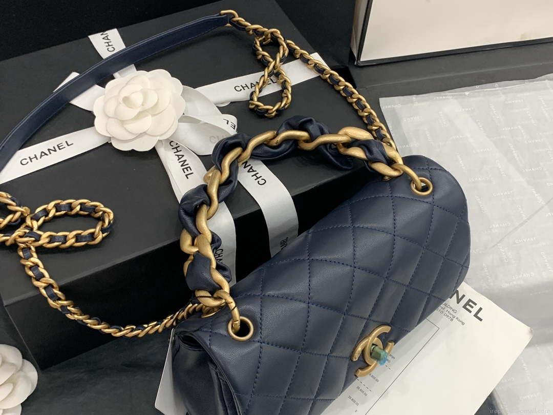 Chanel AS2388 Chanel Flap Bag Shiny Lambskin Gold Navy Blue