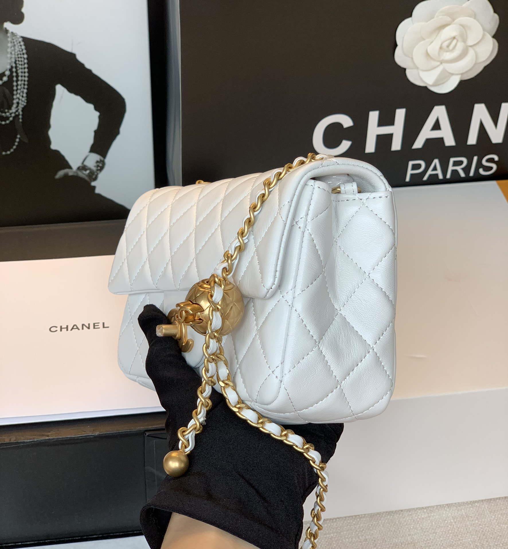 Chanel AS1787 Chanel Mini Flap Bag Lambskin Gold NA117 White