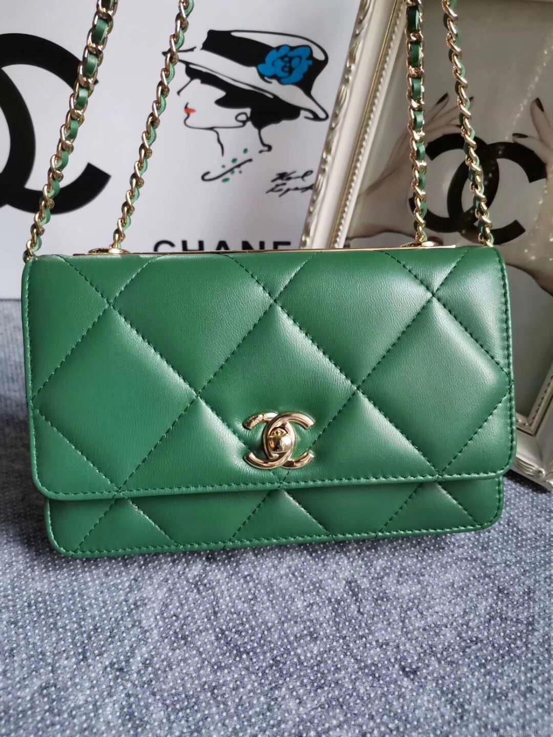 Chanel A80982 Lambskin Wallet On Chain With Gold Green