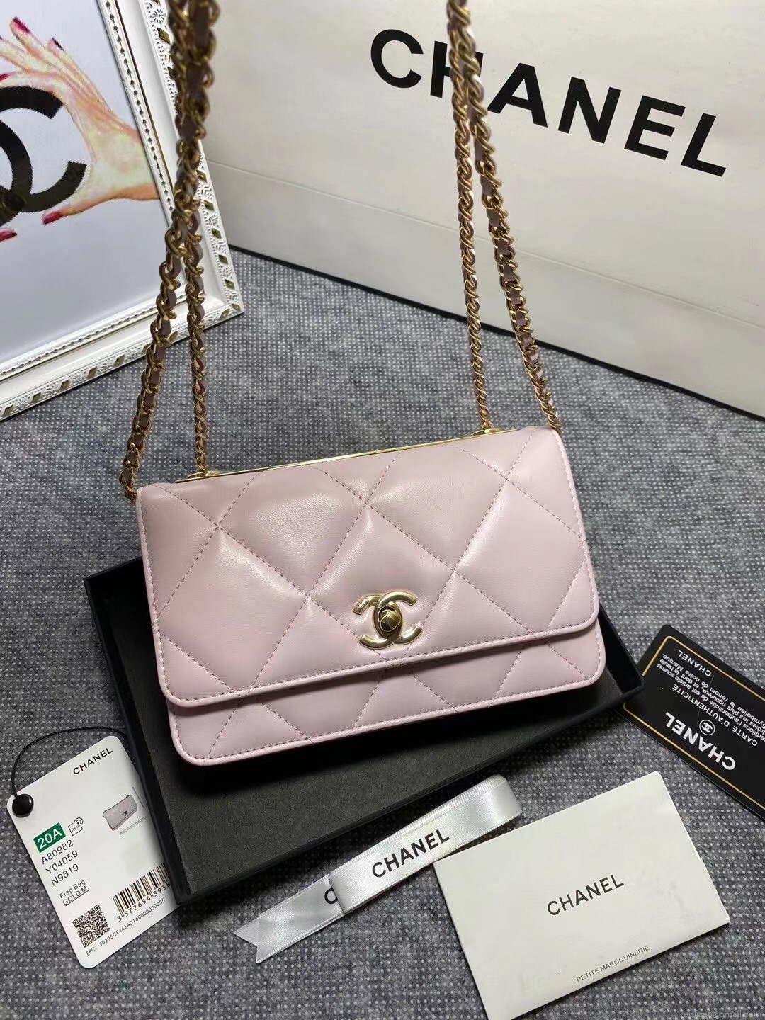 Chanel A80982 Lambskin Wallet On Chain With Gold Pink