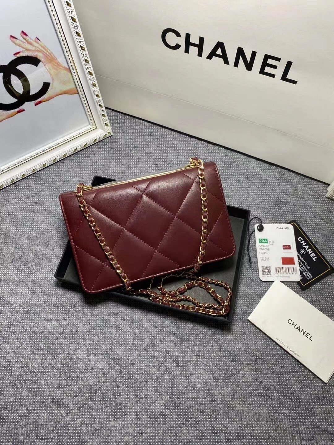 Chanel A80982 Lambskin Wallet On Chain With Gold Wine Red