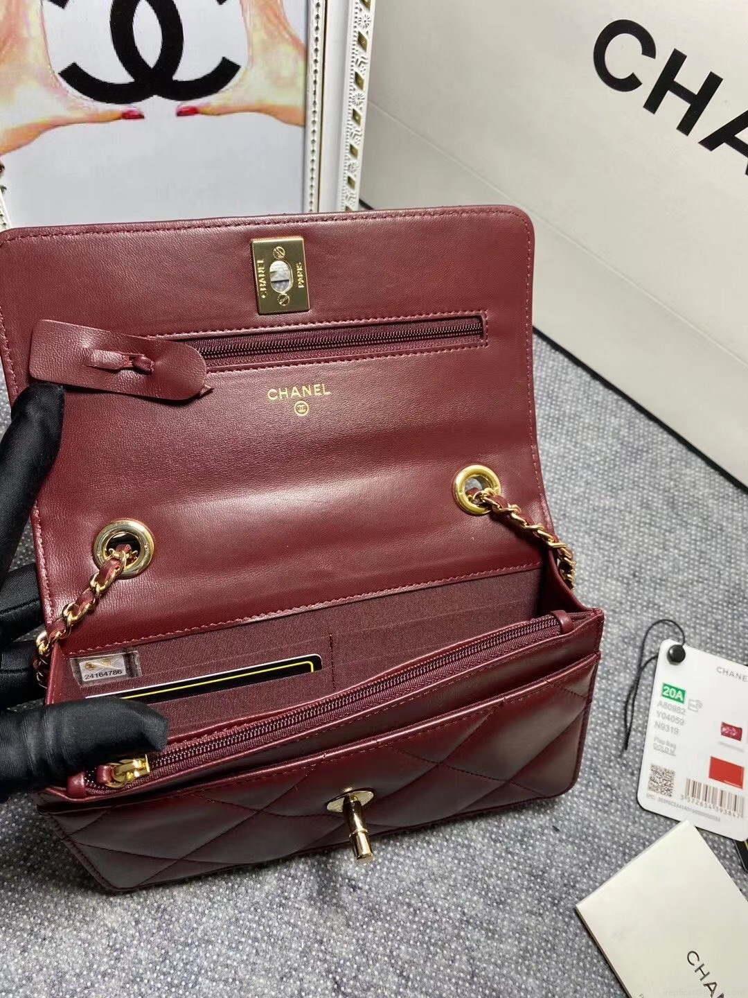 Chanel A80982 Lambskin Wallet On Chain With Gold Wine Red