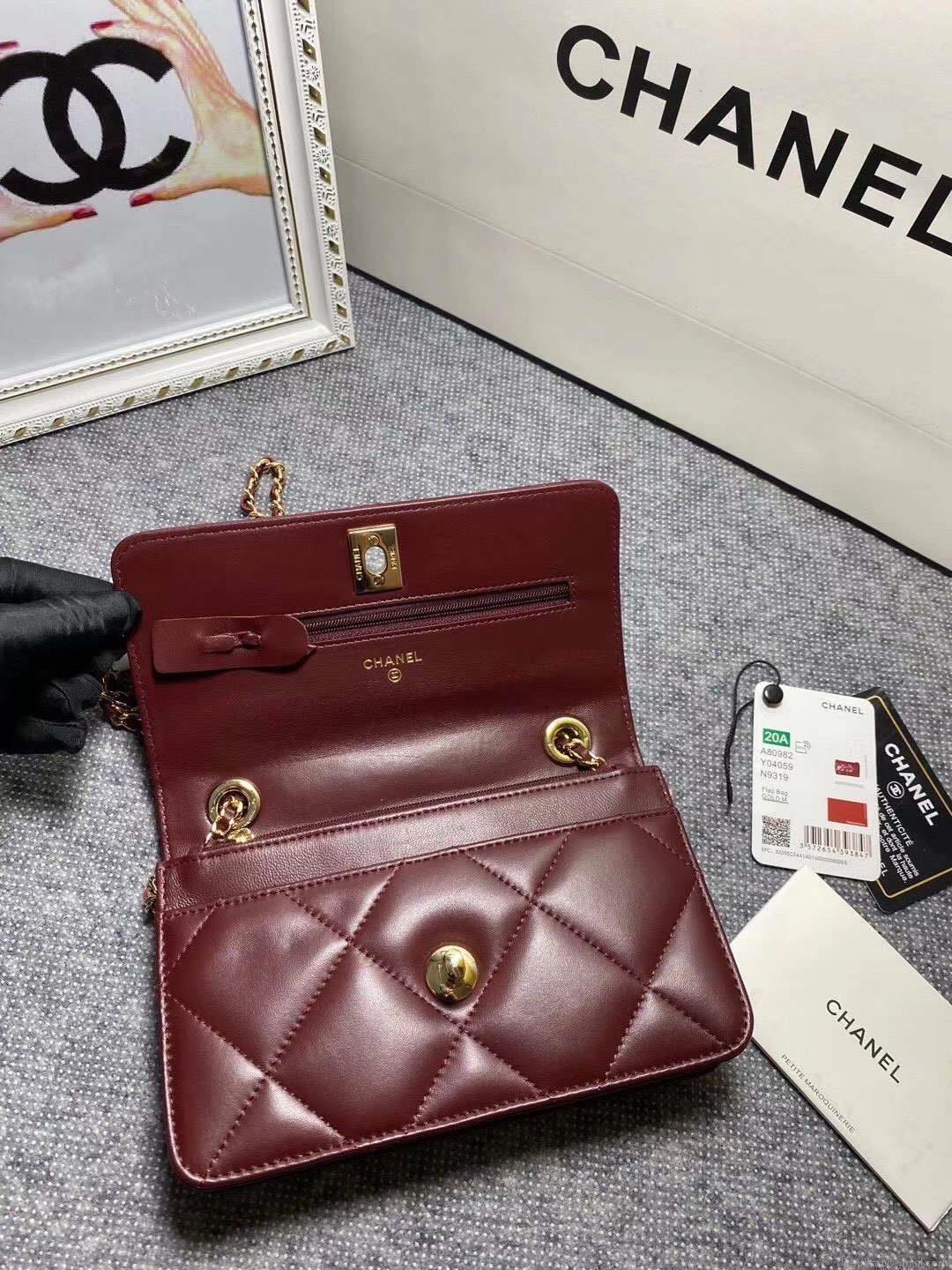Chanel A80982 Lambskin Wallet On Chain With Gold Wine Red