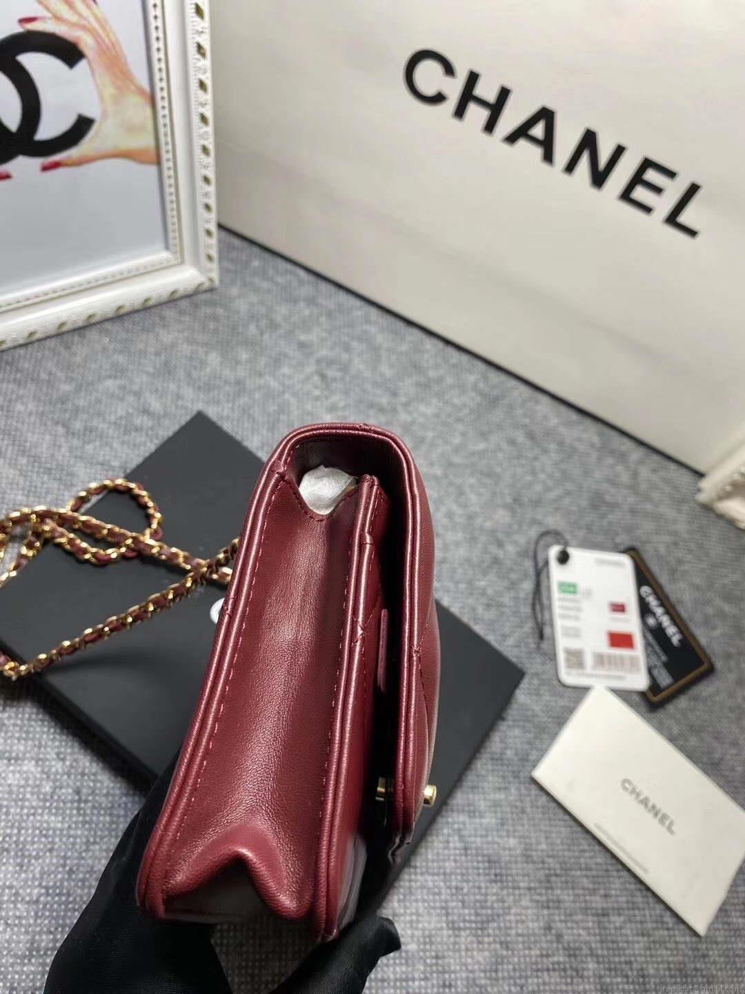 Chanel A80982 Lambskin Wallet On Chain With Gold Wine Red