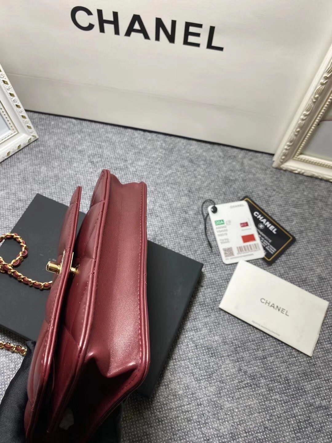 Chanel A80982 Lambskin Wallet On Chain With Gold Wine Red