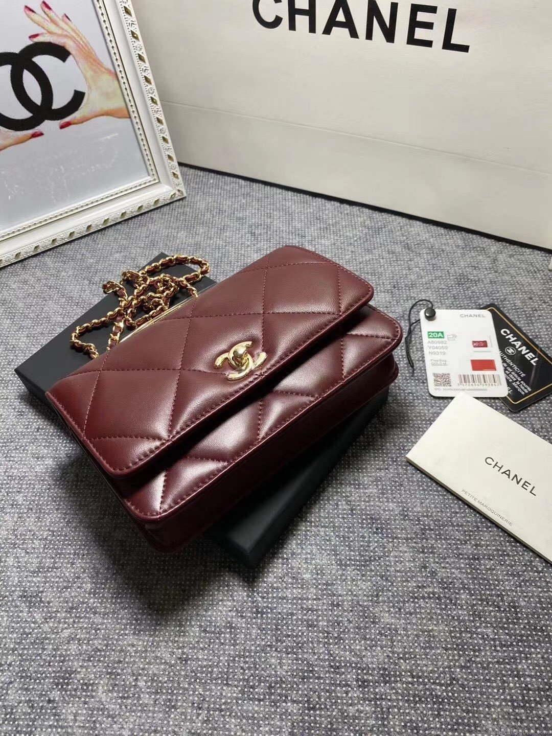 Chanel A80982 Lambskin Wallet On Chain With Gold Wine Red