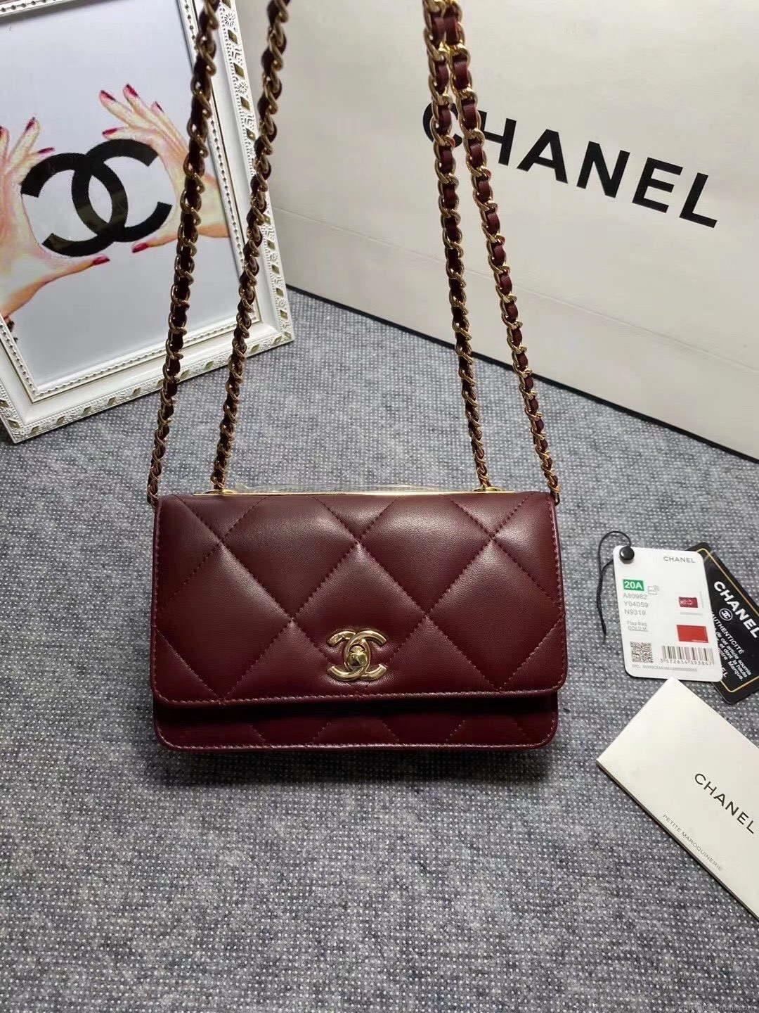 Chanel A80982 Lambskin Wallet On Chain With Gold Wine Red
