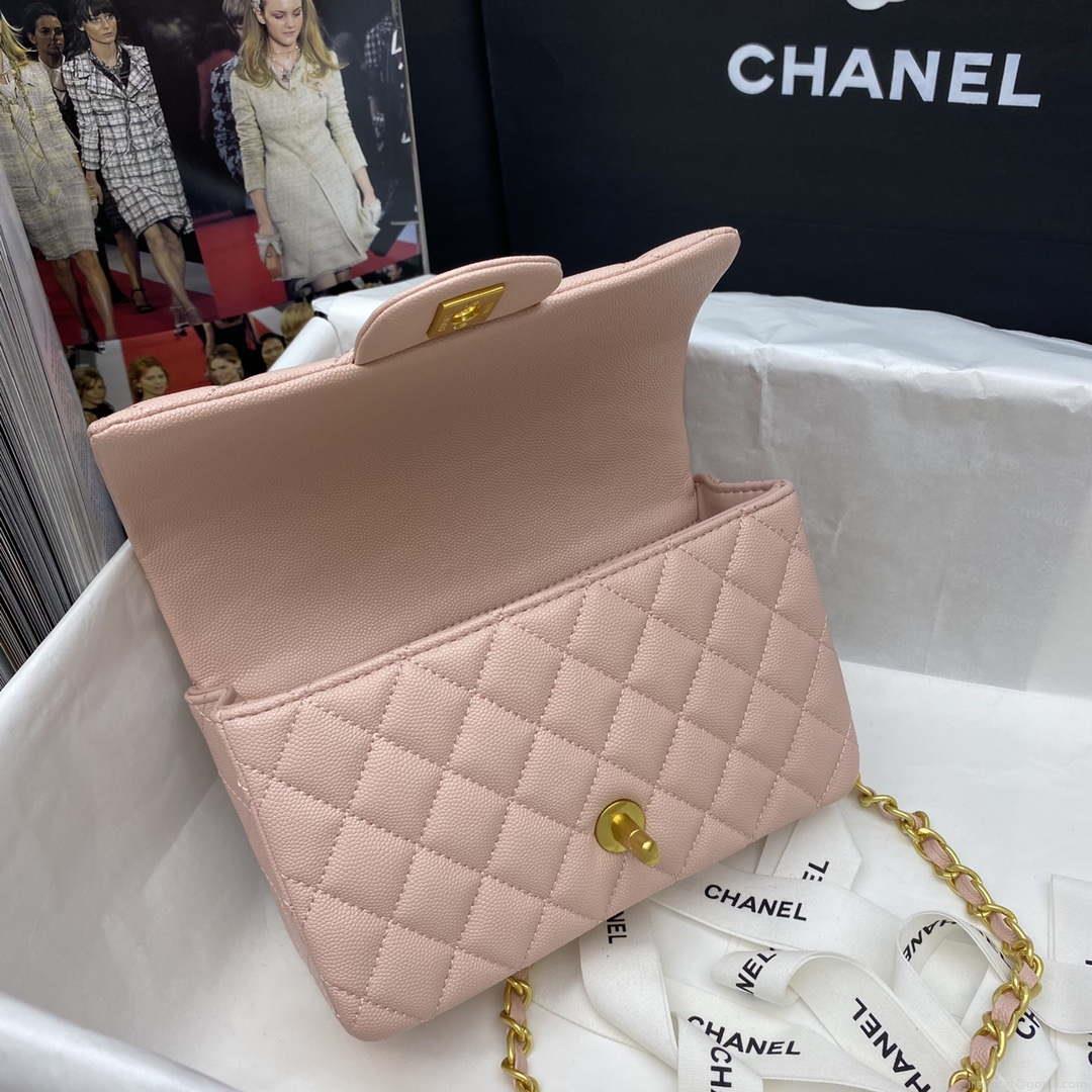 Chanel Mini Flap Bag with top Handle AS2431 Grained Calfskin Pink