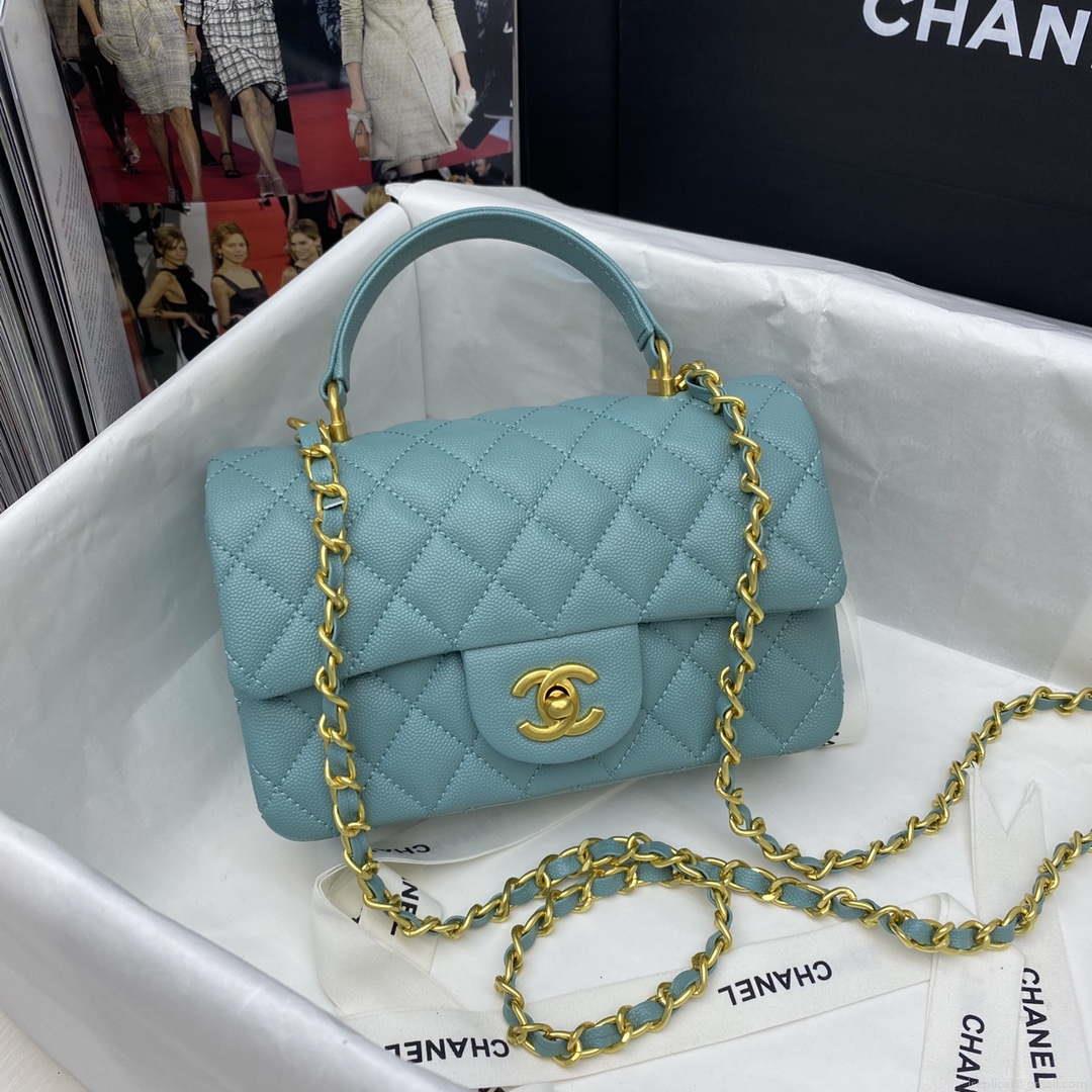 Chanel Mini Flap Bag with top Handle AS2431 Grained Calfskin Blue