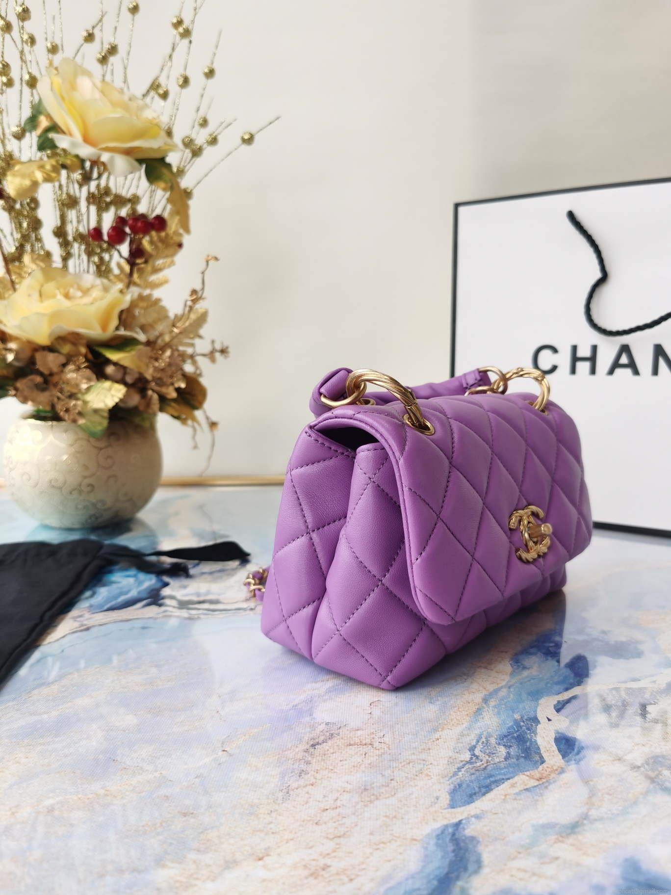 Chanel AS2044 Mini Flap Lambskin Leather Bag With top handle Purple