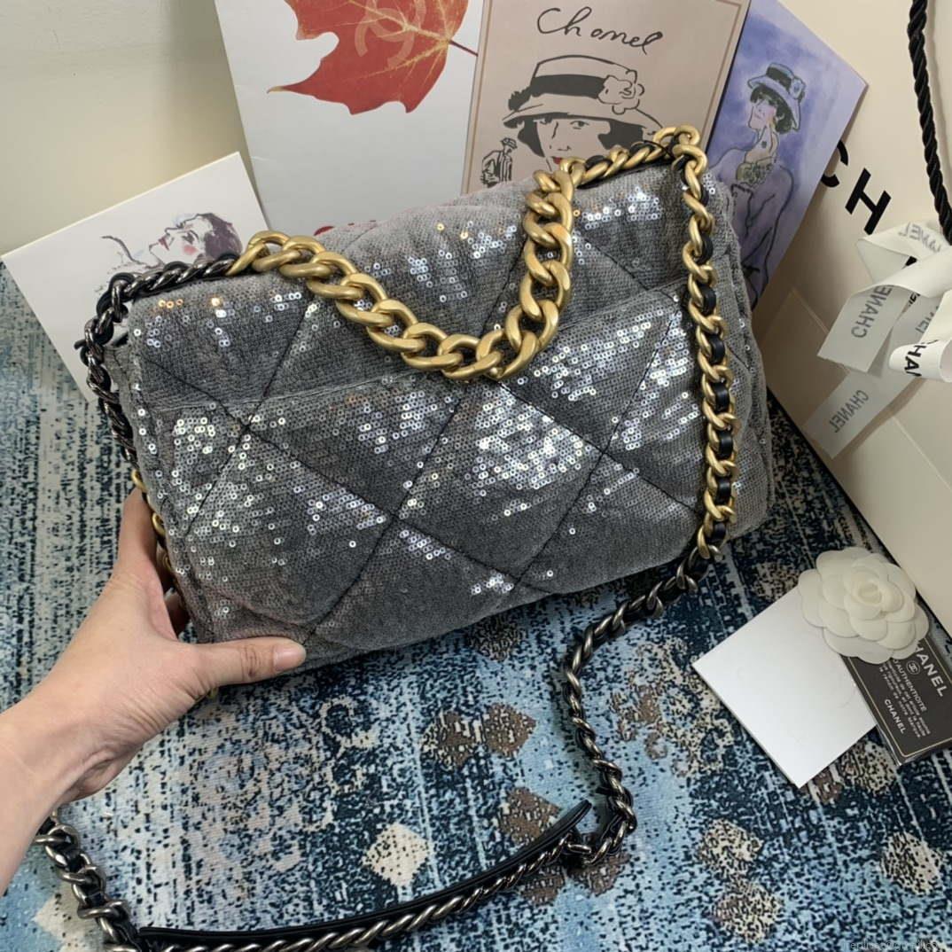 Chanel AS1161 chanel 19 Large Handbag Sequins Calfksin Bag Silver Gray
