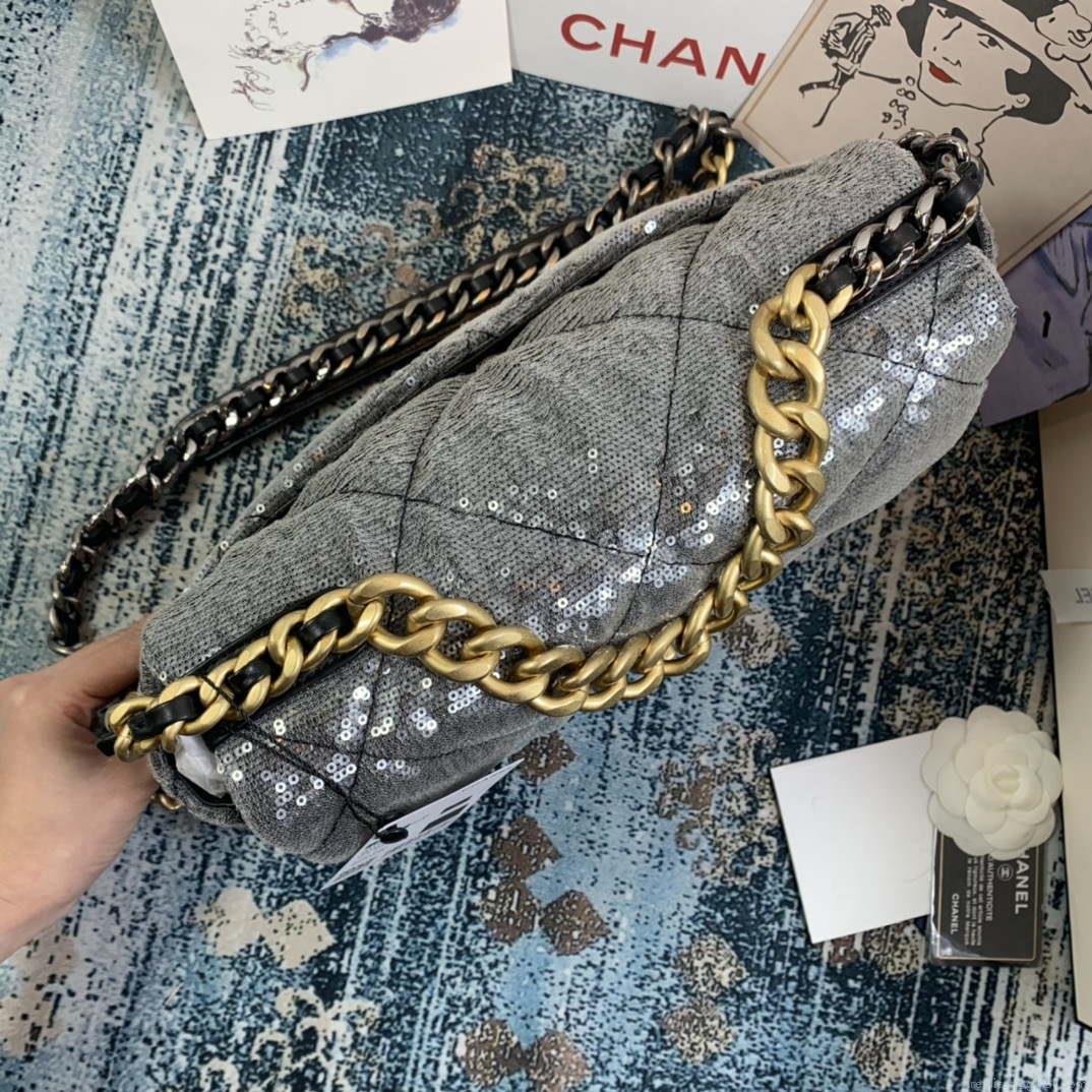 Chanel AS1161 chanel 19 Large Handbag Sequins Calfksin Bag Silver Gray