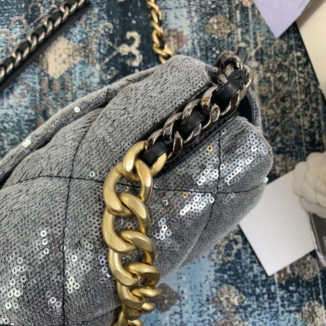 Chanel AS1161 chanel 19 Large Handbag Sequins Calfksin Bag Silver Gray