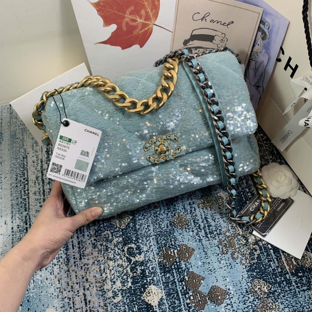Chanel AS1161 chanel 19 Large Handbag Sequins Calfksin Bag Lake Blue