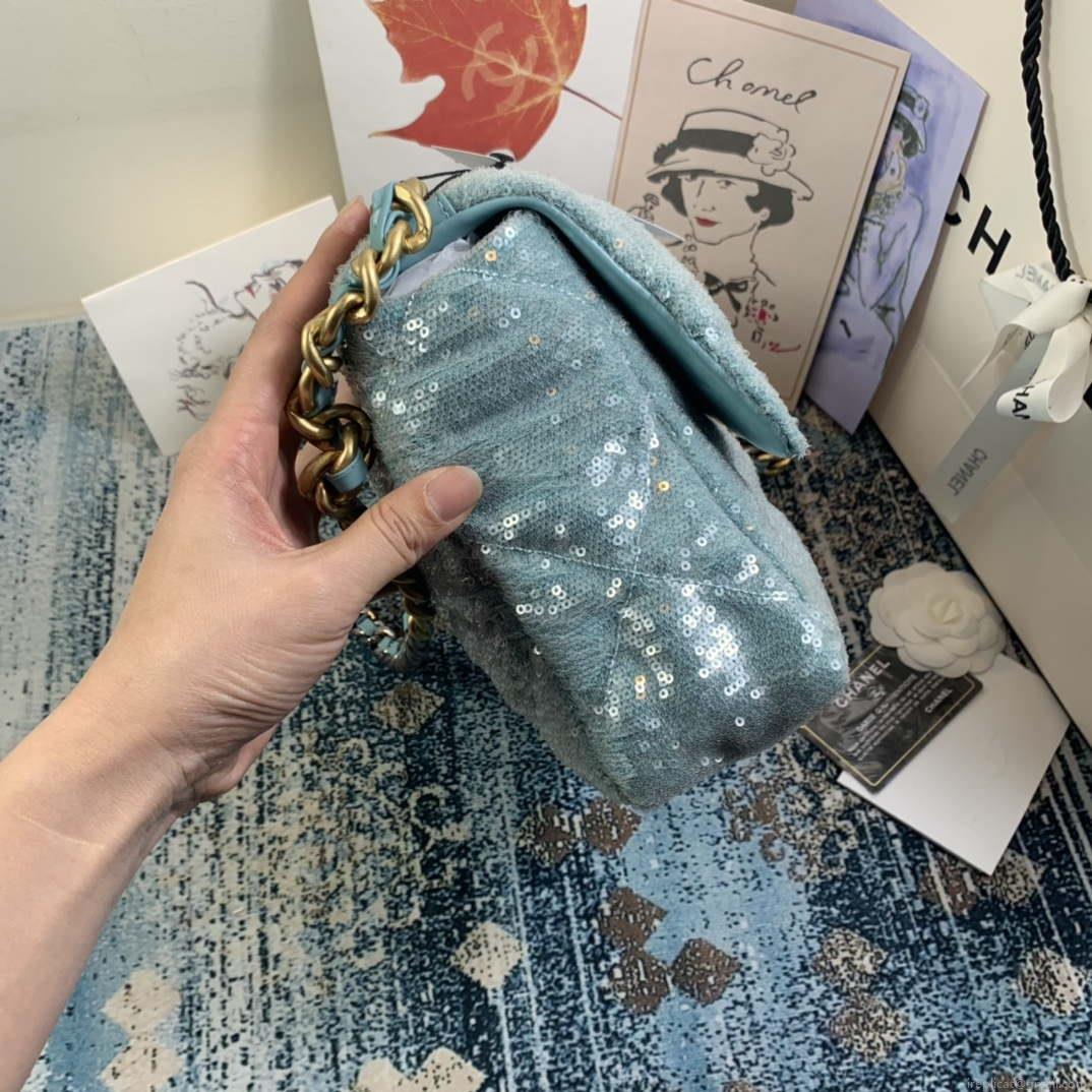 Chanel AS1161 chanel 19 Large Handbag Sequins Calfksin Bag Lake Blue