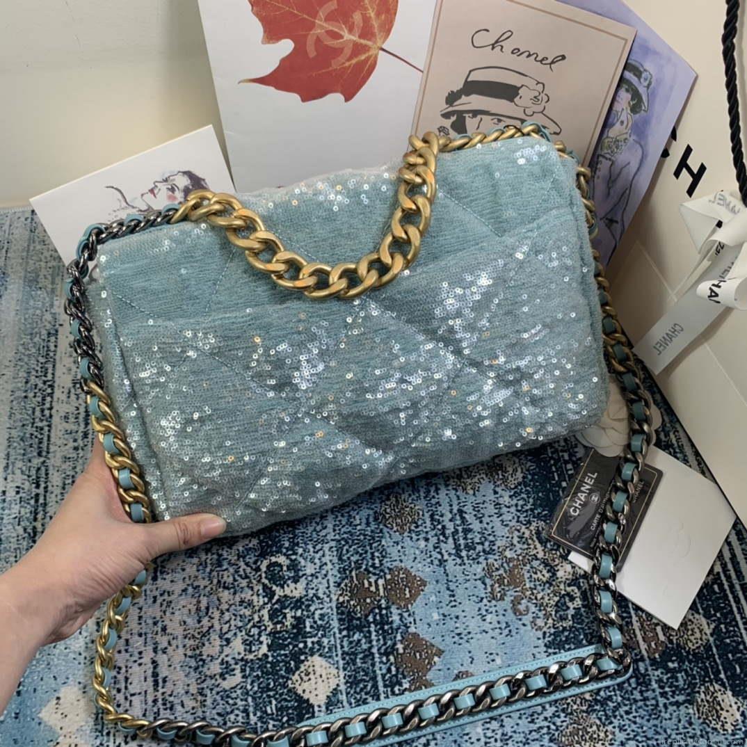 Chanel AS1161 chanel 19 Large Handbag Sequins Calfksin Bag Lake Blue