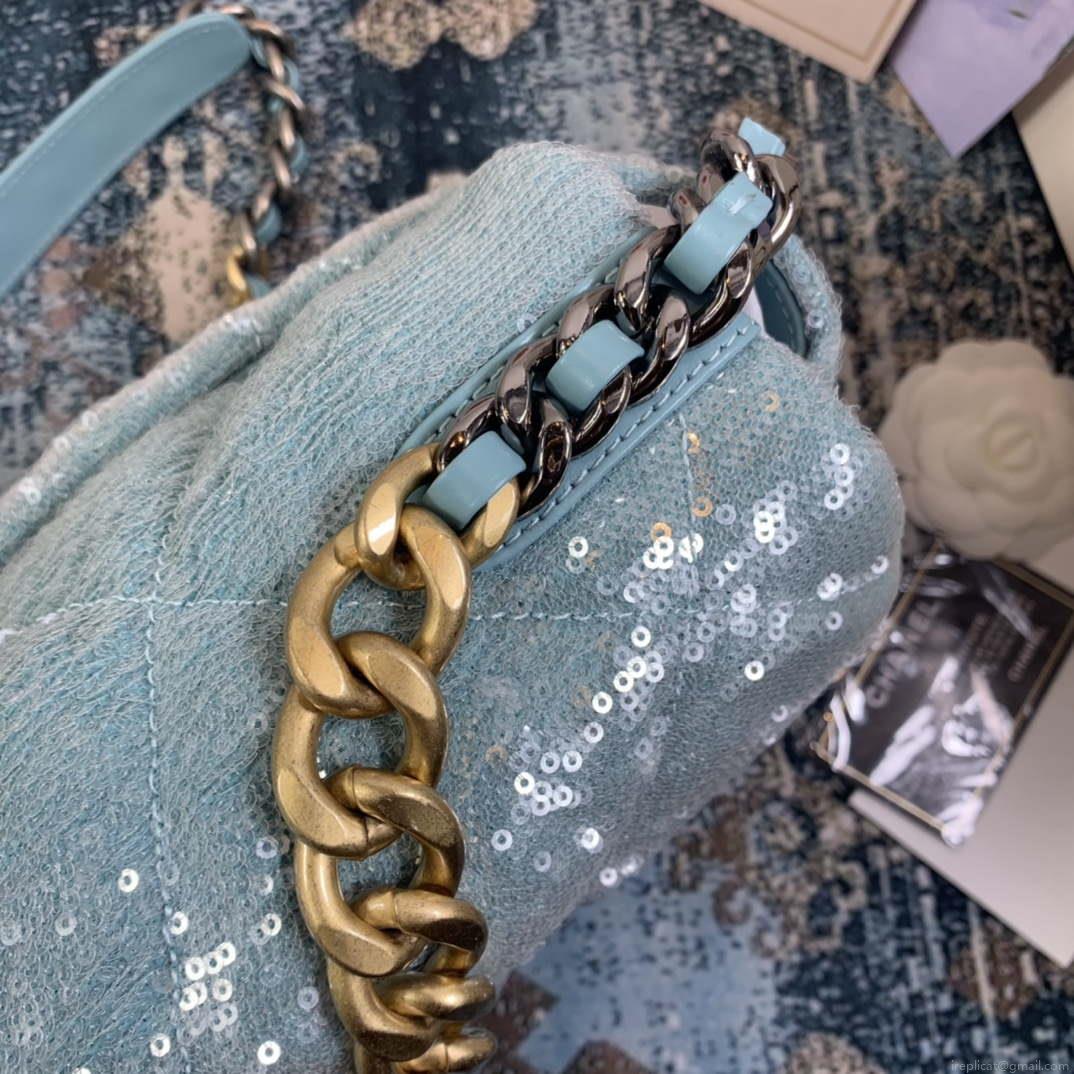 Chanel AS1161 chanel 19 Large Handbag Sequins Calfksin Bag Lake Blue