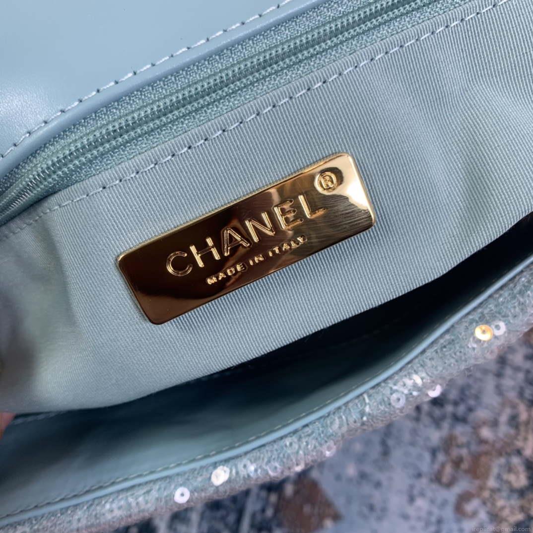 Chanel AS1161 chanel 19 Large Handbag Sequins Calfksin Bag Lake Blue