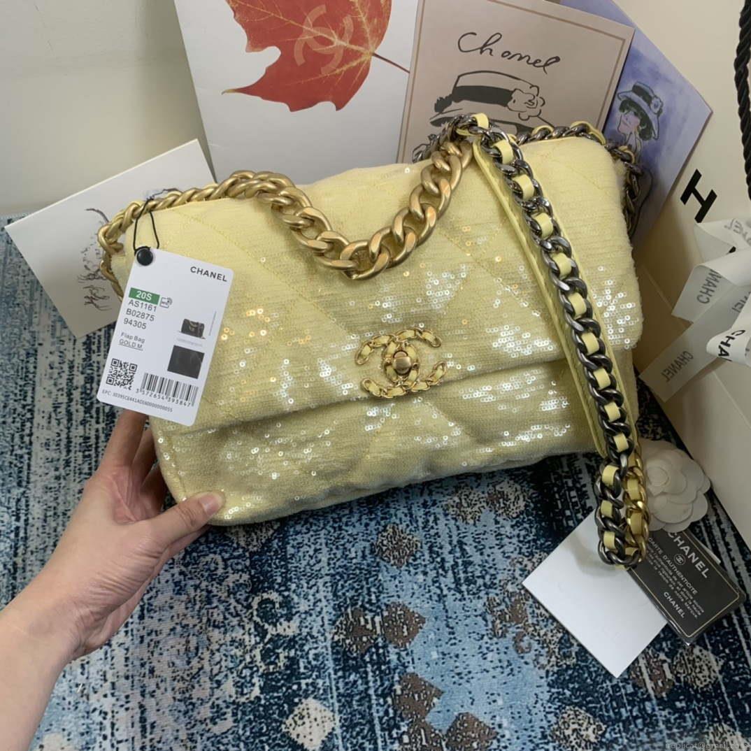 Chanel AS1161 chanel 19 Large Handbag Sequins Calfksin Bag Yellow