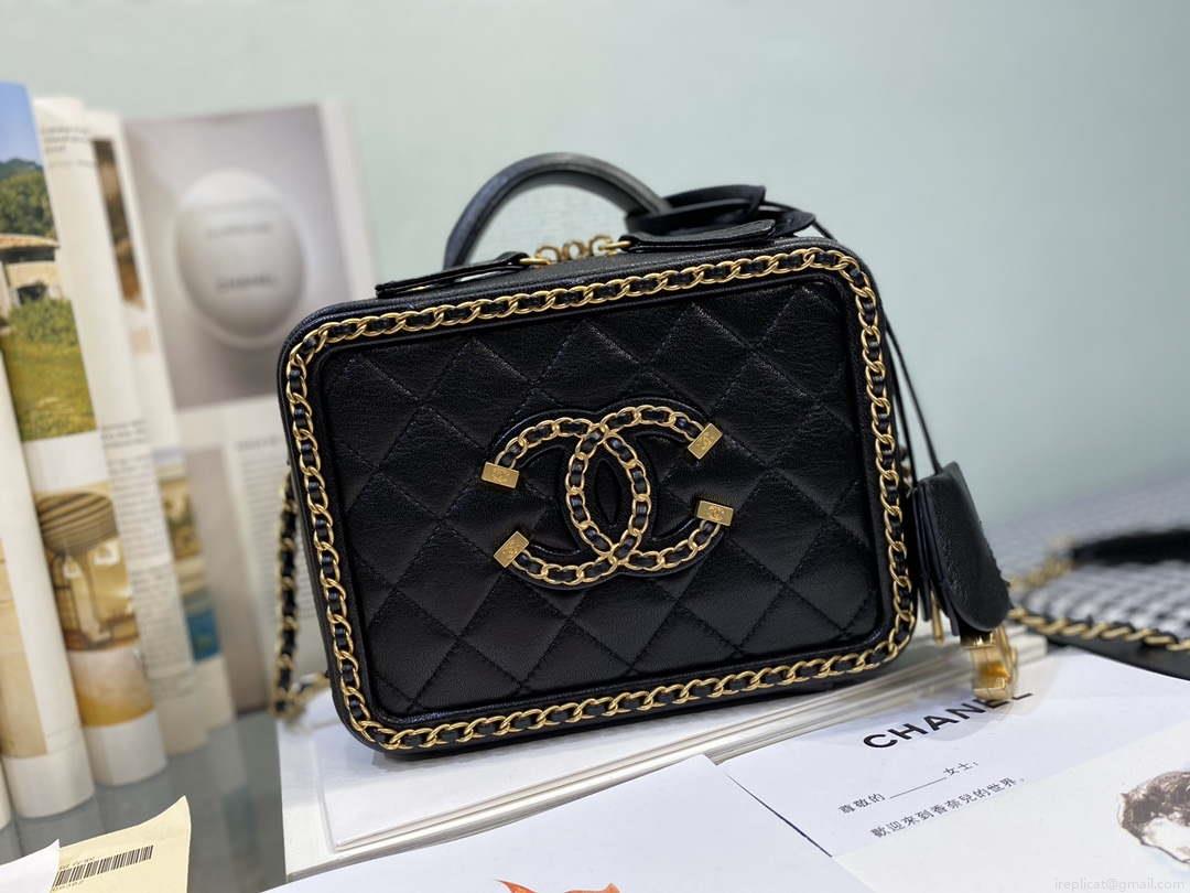 Chanel AS1785 CC Filigree Vanity Case Bag Grained Calfskin Black Gold