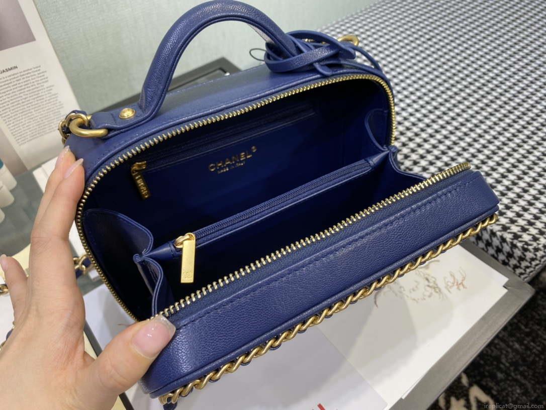 Chanel CC Filigree Vanity Case Bag Grained Calfskin A93343 Navy Blue