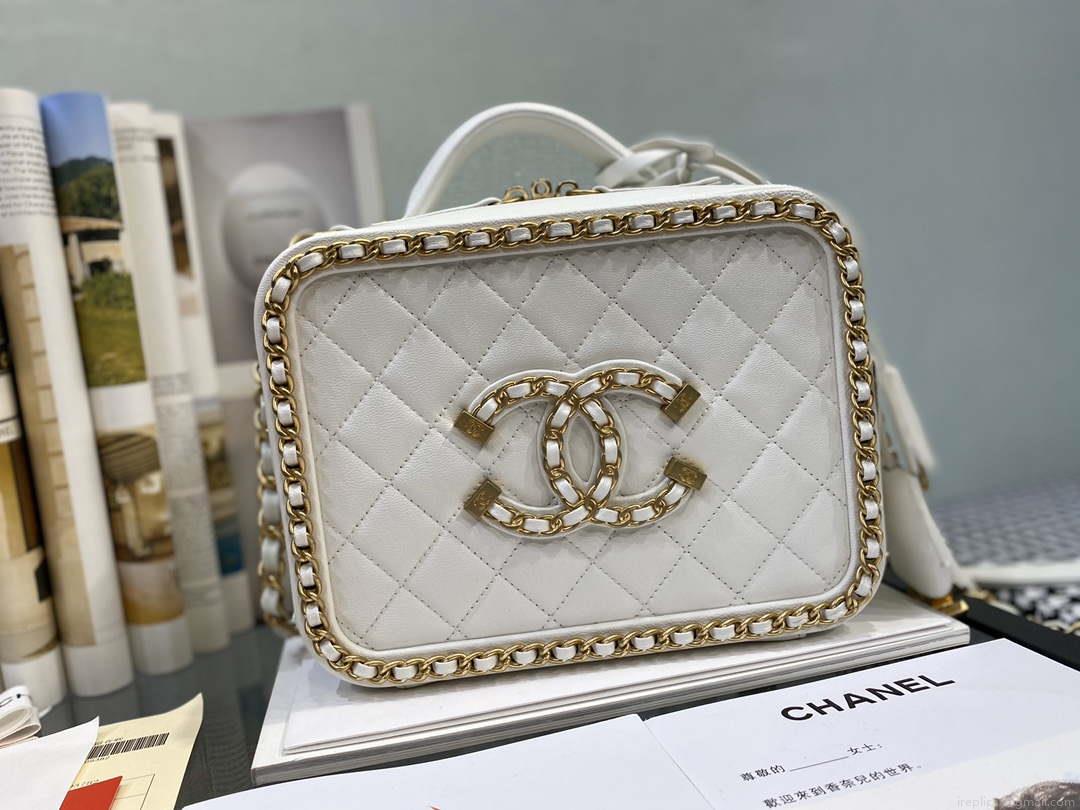 Chanel CC Filigree Vanity Case Bag Grained Calfskin A93343 White