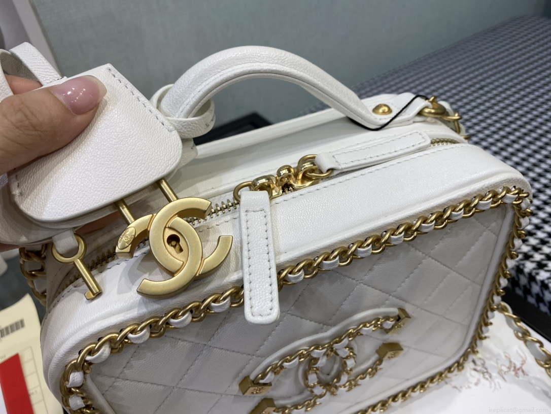Chanel CC Filigree Vanity Case Bag Grained Calfskin A93343 White