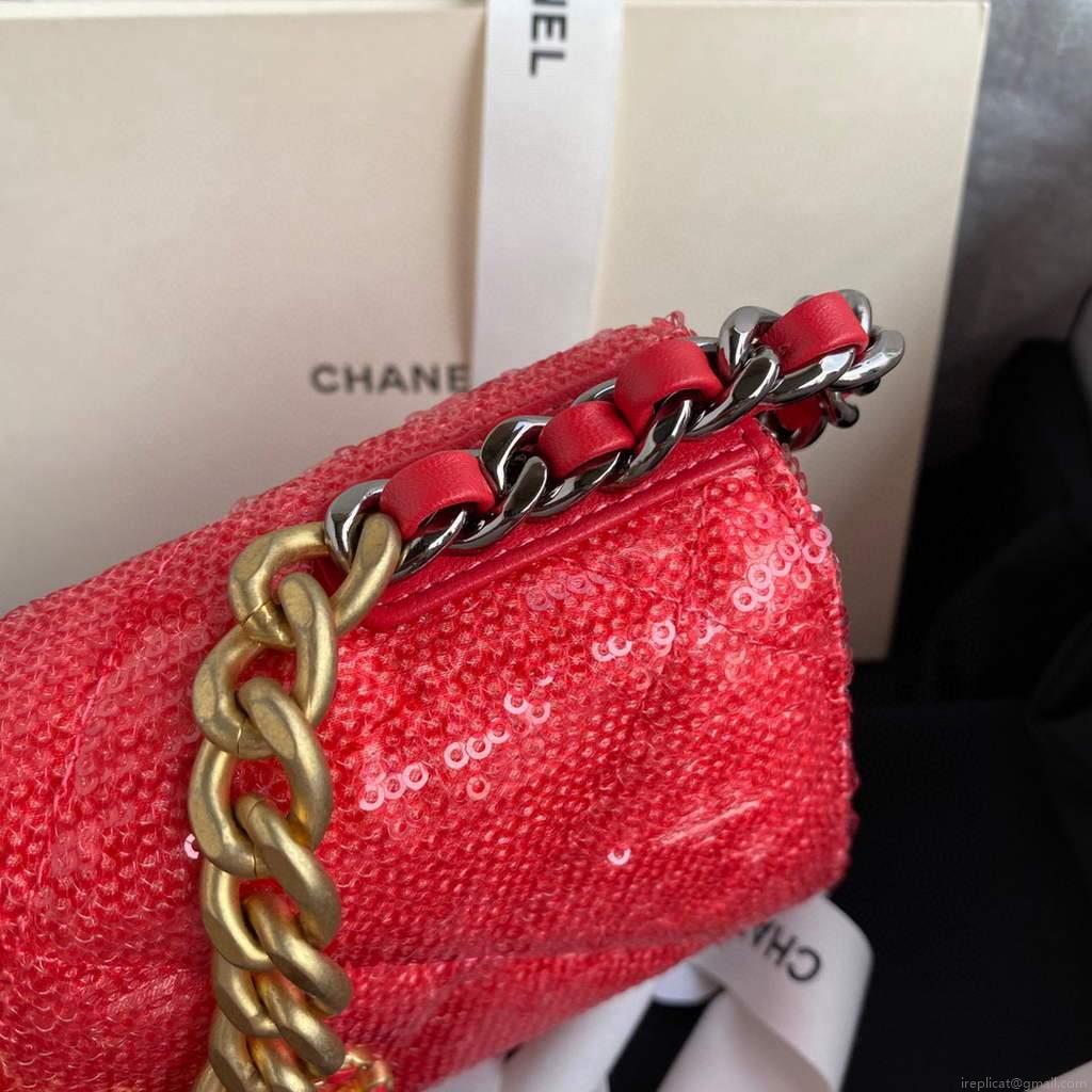 Chanel AP0250 Chanel 19 wallet on chain shiny Lambskin Beads Red