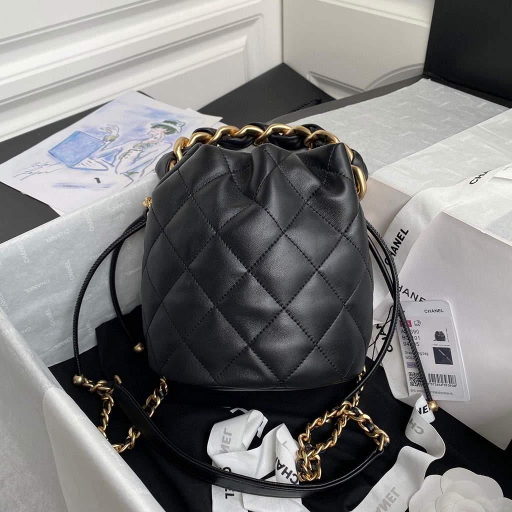 Chanel AS2390 Shiny Lambskin Small Drawstring Bucket Bag Black