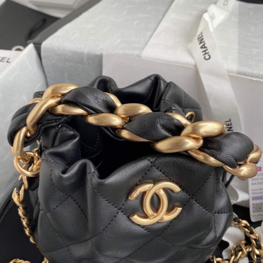 Chanel AS2390 Shiny Lambskin Small Drawstring Bucket Bag Black