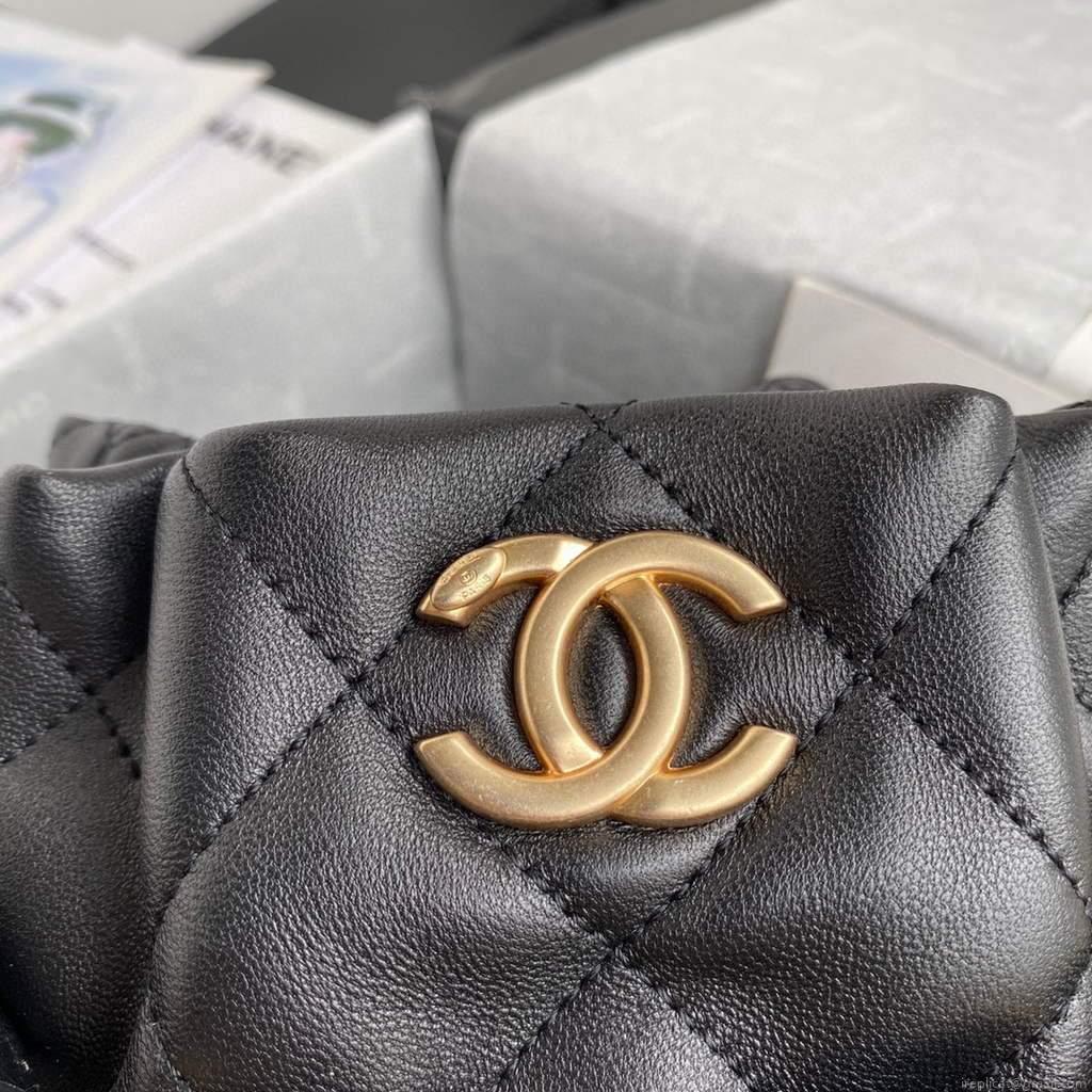 Chanel AS2390 Shiny Lambskin Small Drawstring Bucket Bag Black