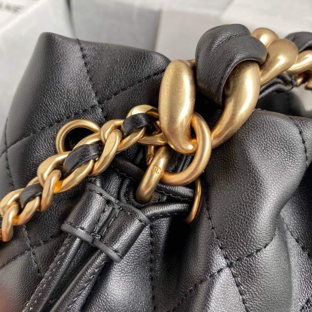 Chanel AS2390 Shiny Lambskin Small Drawstring Bucket Bag Black