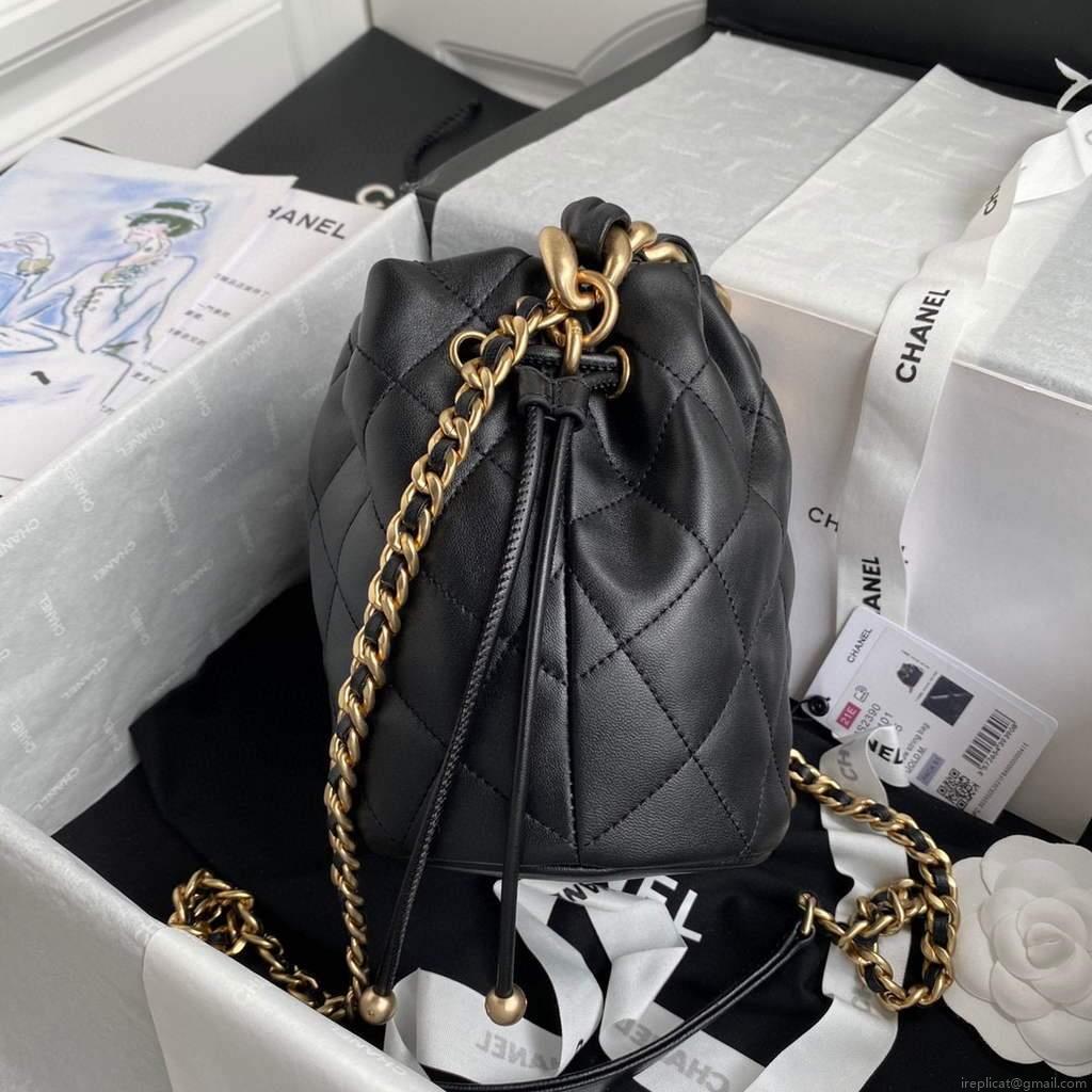 Chanel AS2390 Shiny Lambskin Small Drawstring Bucket Bag Black
