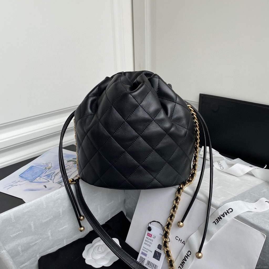 Chanel AS2425 Shiny Lambskin Large Drawstring Bucket Bag Black
