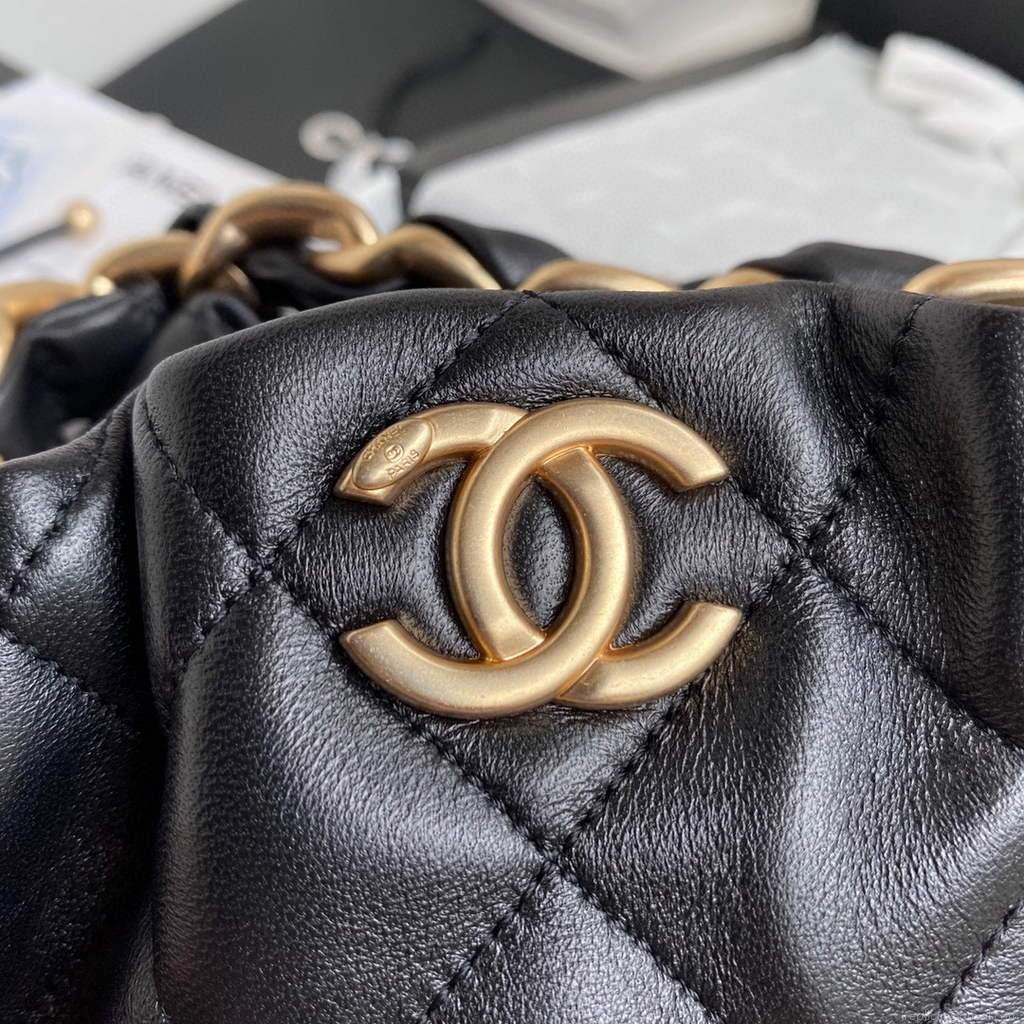 Chanel AS2425 Shiny Lambskin Large Drawstring Bucket Bag Black