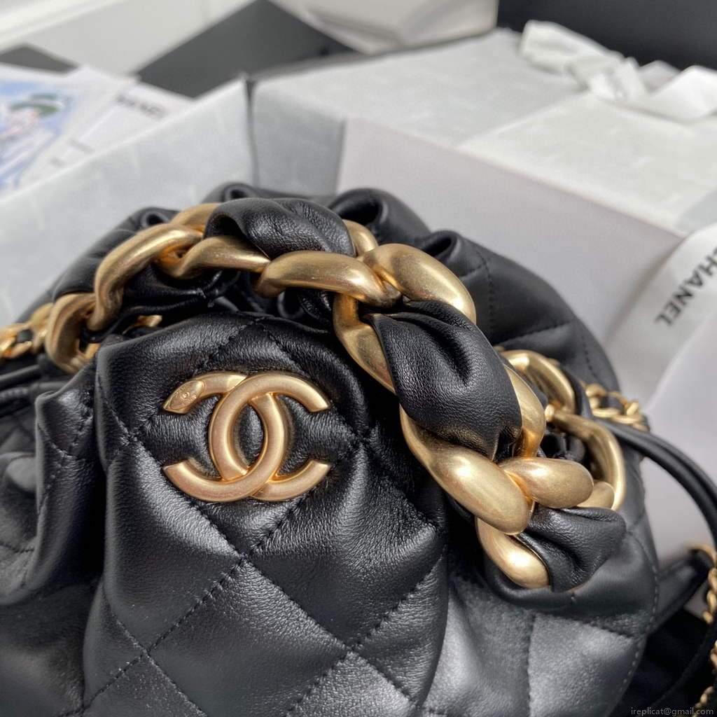 Chanel AS2425 Shiny Lambskin Large Drawstring Bucket Bag Black