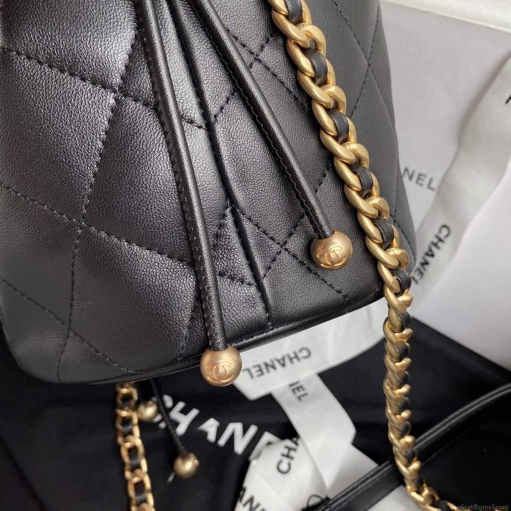 Chanel AS2425 Shiny Lambskin Large Drawstring Bucket Bag Black