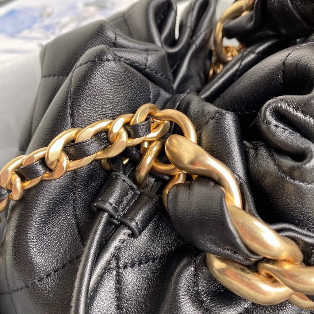 Chanel AS2425 Shiny Lambskin Large Drawstring Bucket Bag Black